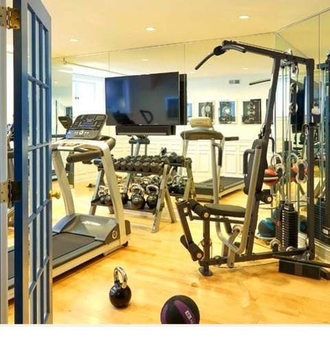 Gym In ChicagoExample Of A Large Transitional Light Wood Floor And Brown Floor Multiuse Home Gym Design