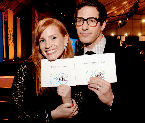 Michael Keaton, Jessica Chastain and Andy Samberg attend the 2015 Film Independent Spirit Awards