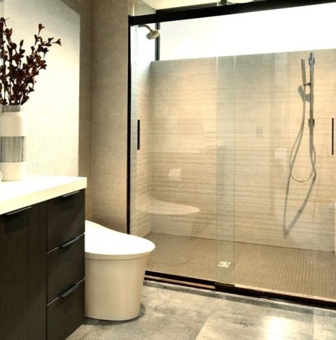 3/4 Bath Bathroom Las Vegas Mid-sized Contemporary 3/4 Porcelain Tile And Gray Tile In The Bathroom Bathroom