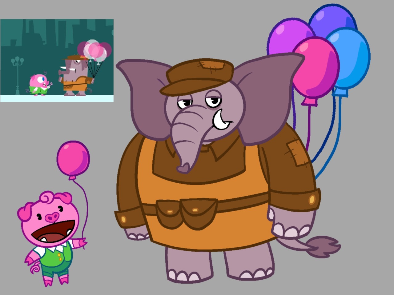 The pig and elephant from "Mole in the Big City" in the classic HTF art style.