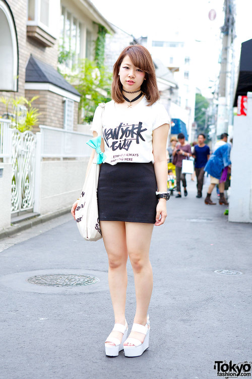 Harajuku girl in NYC top (from Another Edition), black miniskirt &amp; white platform sandals.