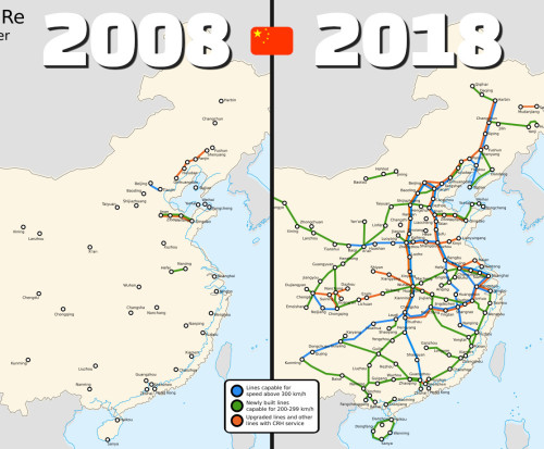 mapsontheweb: High-Speed Railway network of the PRC comparison 2008 vs 2018.