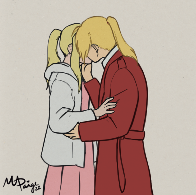 Edward Elric and Winry Rockbell kissing. Wearing the same clothes as in the train scene. Side view, faces obscured bc they're KISSING LIKE THEY DESERVED TO.