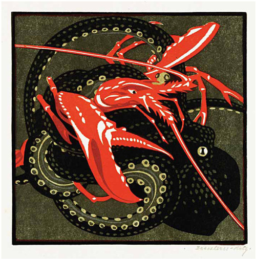 Norbertine von Bresslern-Roth, Attack/Fight, Octopus and Lobster, 1923. Color linocut. Austria. Via 