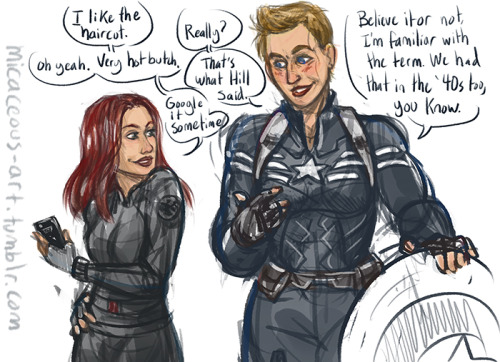 micaceous-art:Fem!Cap gets a haircut. I didn’t ship this until I started writing the dialogue, and t