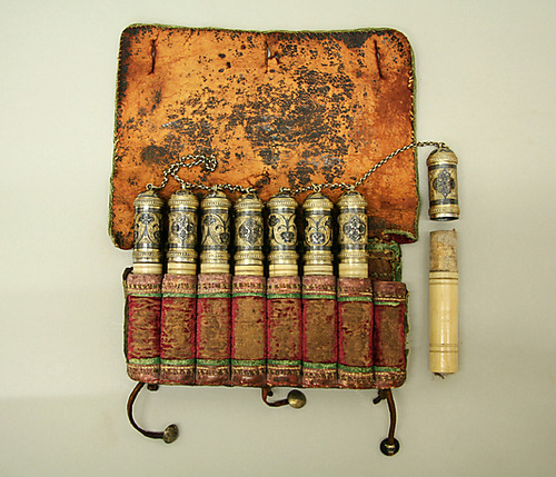 19th century powder charge container, from the Caucasus. Ivory, leather, textile, silver, niello. Th
