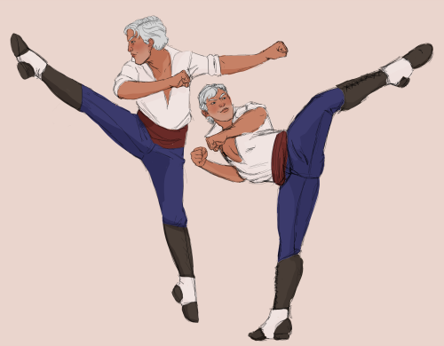 travis [ID: One images shows two colored drawings of Travis Matagot practicing savate, a French-orig