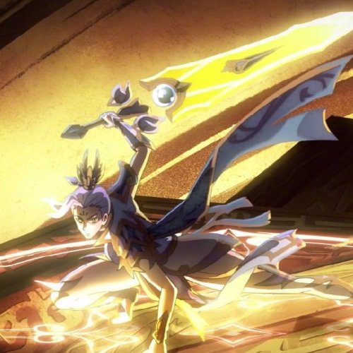 Image depicts Riven in her Immortal Journey skin prestige form. She a pale-skinned woman in formal white and gold accented clothes. Riven's hair is white, and upon her topknot rests a crown of gold in the shape of feathers evoking a similarity between her and Irelia, whose clothes also pair with Riven's. Riven leans forward in an action pose, her greatsword held at the ready behind her.