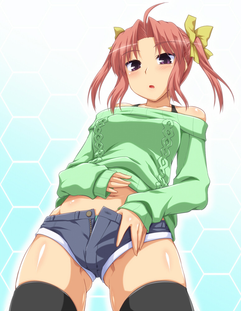 艦隊これくしょん、陽炎（艦これ）、yoshi tama、ブラ、おへそ、ボタン、リボン、セーター、チャック、ピカピカ、ストラップ、ヘアリボン、ローアングル、イエローリボン、サイハイソックス、ツーサイドアップ、ブルーバックグラウンド、clothes
