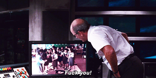 porcelaincloud:  theoncomingabsolutelynothing:  curiouslittlekawauso:  brunhiddensmusings:  batzendrick:  misterbadguy159:  doglover82:  pariztexas:   The Cabin in the Woods (2012) dir.  Drew Goddard  Can someone add the context, please? I can’t remember