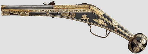 An ornate wheel-lock pistol originating from Augsburg, Germany, circa 1580.