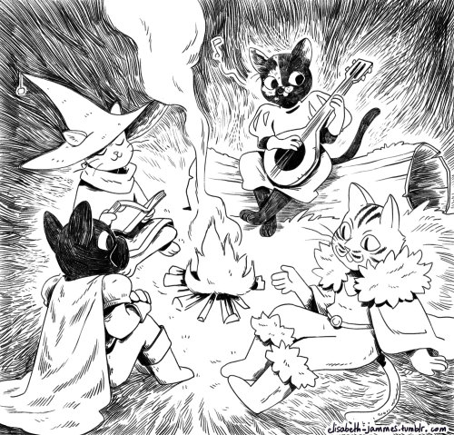 Befriend by the campfire with a barbarian cat and a lady cat bard!