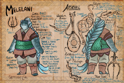 ghostfiish: Here’s a ref for my DND character, Melelani! She’s a Trichadon bard, and is based visual