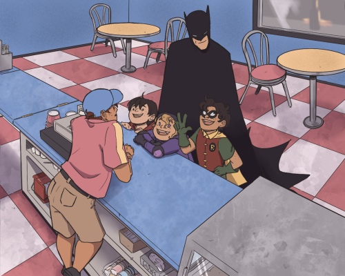 a young Tim Drake, Stephanie Brown in an early spoiler outfit and Jason Todd in his Robin costume stand in front of a smiling Batman in an ice cream parlor while Jason orders for them from a worker in a pink polo