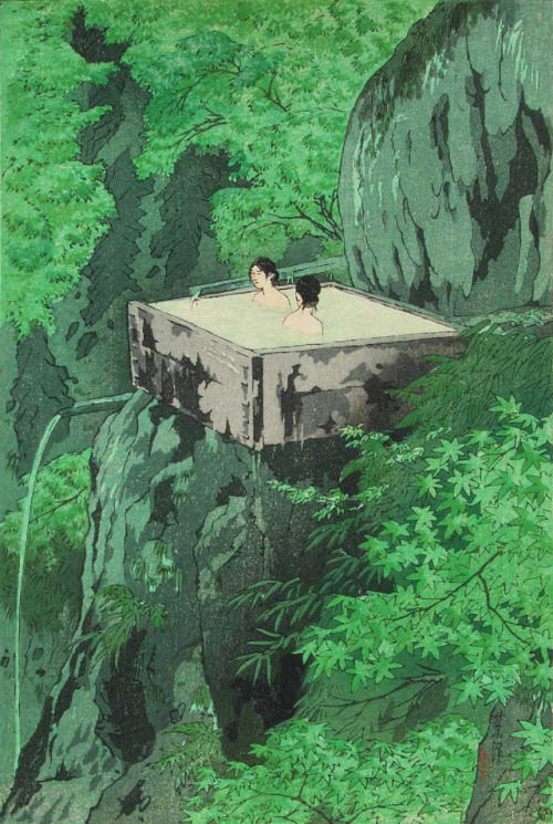 redlipstickresurrected:Shirō Kasamatsu aka 笠松紫浪 (Japanese, 1898-1991, b. Asakusa, Tokyo, Japan) - Shirahone Hotspring, Shinshu, 1935 (1946-57 printing) Woodblock Prints