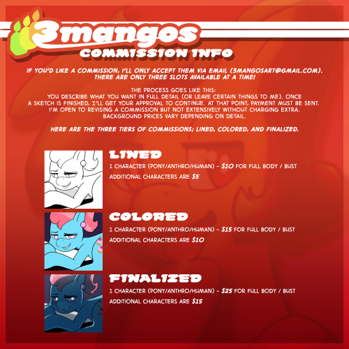 3mangos:  Hey everyone. I’ll be starting the next round of commissions tomorrow but you can start submitting now. I don’t exactly know how fast they’ll go but for now it’s first come first serve and only 3 slots at a time.  Boost because 3 mangos