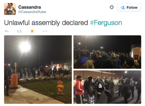 socialjusticekoolaid:   HAPPENING NOW (11/19/14): Protesters gather outside of the Ferguson police department. Day 103, and the spirit of the movement is strong. #staywoke #farfromover  They just arrested Bassem, who was livestreaming as usual. The way