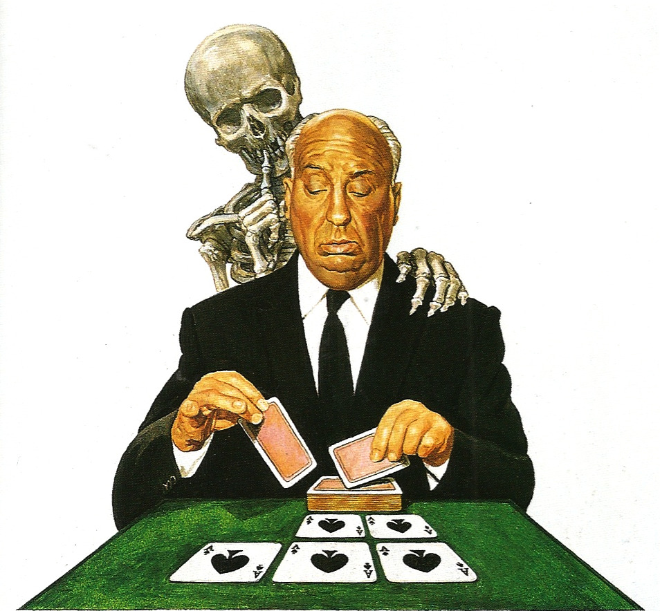 Illustration of Alfred Hitchcock by Josh Kirby for the cover of Games Killers Play.