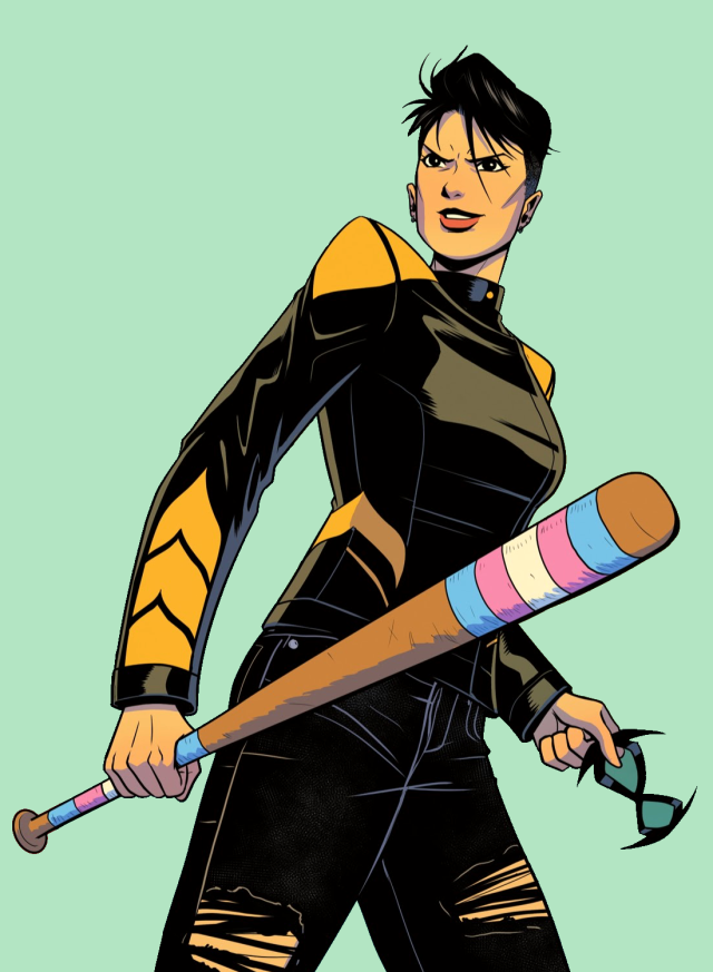 Edited panel of Alysia Yeoh, now wearing a black jacket with yellow accents on top of her clothing from above. She's holding the baseball bat, which has the trans flag colors at the top and bottom, and a black domino mask. She has a confident expression. The background is pastel mint green.