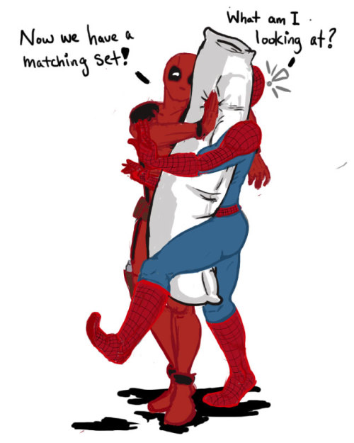 thegirlwithrocketshiptattoos:  Wade went into Peter’s place and stole all his pillows.Peter woke up on Deadpool’s crotch in the morning. the sequel to Deadpool’s dakimakura 