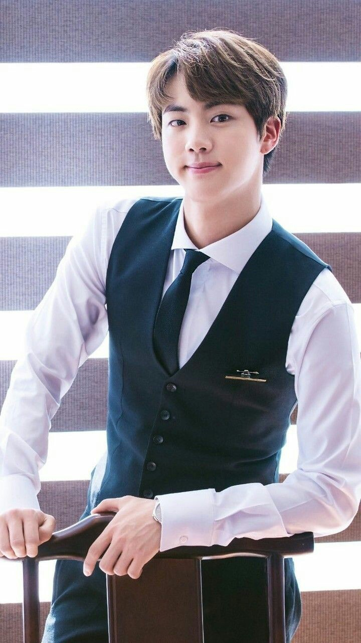 BTS Jin white shirt black tie brown hair