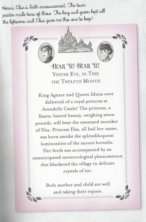 bigfrozenfan:glittering-snowfall:Proclamations of Elsa’s and Anna’s births (from A Year with Elsa &a