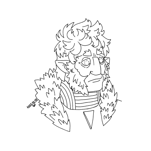 A line drawing portrait of an alien man with squarish features, fluffy short hair and sideburns. 
