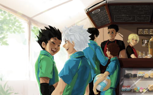 hxh-summerexchange: HxH Exchange - Gift for isnri Normal life AU ~ Volleyball children hanging out (