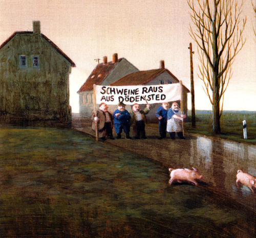 Michael Sowa (German, b. 1945, Berlin, Germany) - We Want No Pigs In Dodensted +(detail)  Paintings: