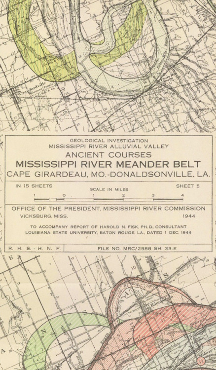 Harold Fisk, maps of the Mississippi, 1944. From Southern Illionis to Southern Louisiana. Via radica