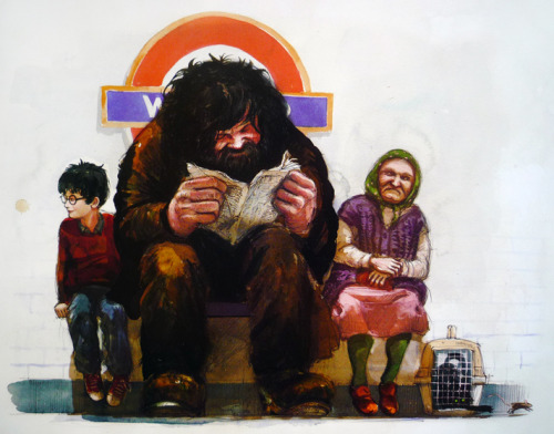 Harry and Hagrid in the Underground on p. 56. by Jim Kay
