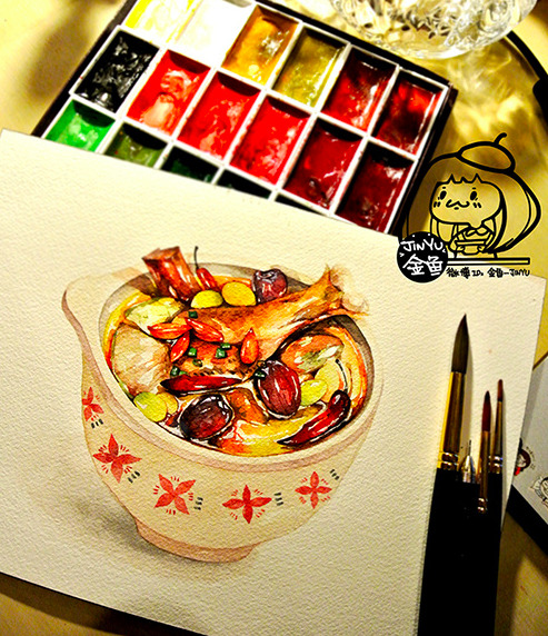 Watercolor paintings of Chinese food by Chinese artist 金鱼Jinyu