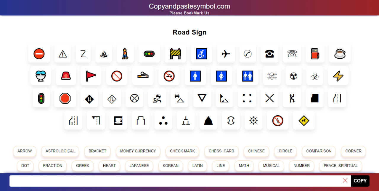 Get Road Symbol Copy And Paste
Road Signs. 🛑 ⛔ 🚫 ⚠ ☡. ⛒ ⛌ ⛐ ⛍ ⛛ construction emoji ( 🚧 ), horizontal traffic light( 🚥 ), mens symbol ( 🚹 ), pedestrian emoji( 🚶 ),