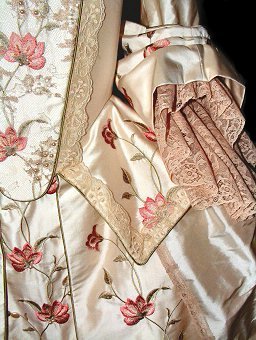 18th century style wedding dress in cloud pink regal dupion. This period style wedding gown consists