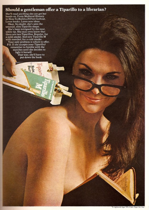 Should a gentleman offer a Tiparillo to a librarian? Advertisement from Playboy, October 1968. If sh