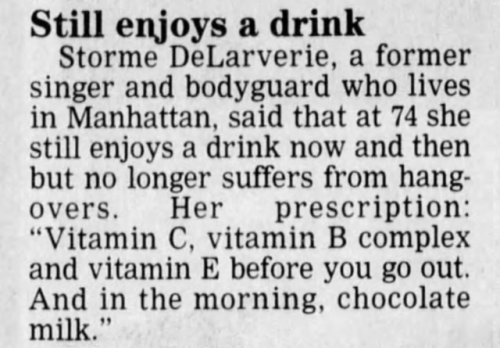 lesbianherstorian:stormé delarverie’s hangover remedies published in the town talk, jan