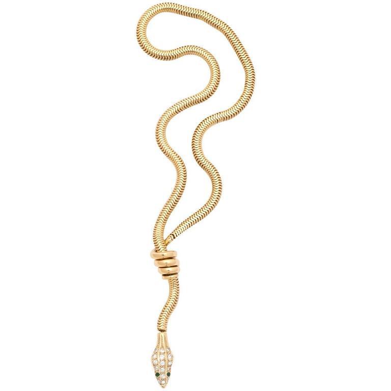 kittyinva:  Kittyinva: 1920′s 14K gold reticulated snake necklace with diamond