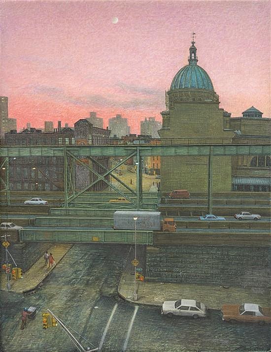 huariqueje:Moon over Williamsburg    -  Doug Safranek,  1992.American, b. 1956-Eeg tempera on panel , 7 x 5 in.    17.8 x 12.7 cm.