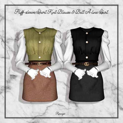 [RIMINGS] Puff-sleeve Short Kint Blouse & Belt A-line Skirt- TOP / BOTTOM- NEW MESH- ALL LODs- N