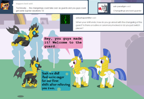 ask-four-inept-guardponies:Keep your criminals close, but your fellow guards even closer.xD