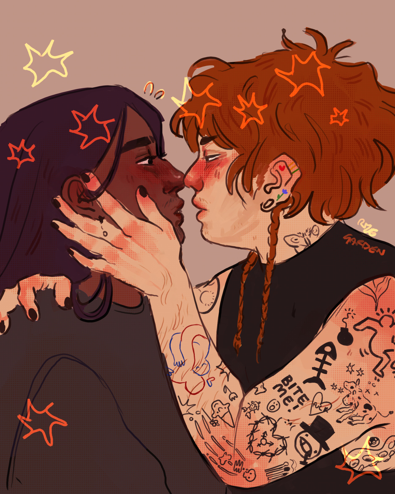 nervous kiss #wlw#mlm#nblnb#t4t #as always; you know how it is  #someones gonna tag this as jonmartin or smth arent they. hm  #anyway these are my new ocs ive decided  #their names are olivine (left) and marmalade (right)  #marm and olive