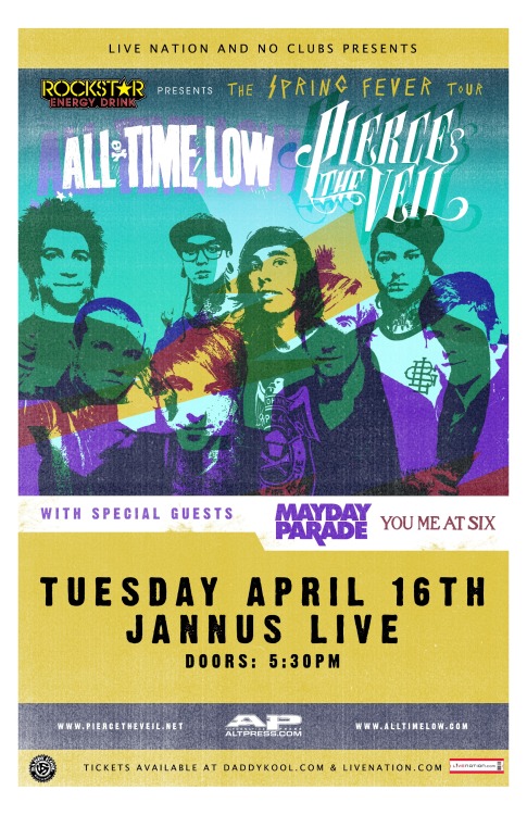 Oh Hey. Pierce The Veil, All Time Low, Mayday Parade, & You Me At Six all in one show. Not to mention it’s going to be in St. Pete at Jannus Live on Tuesday, April 16th.
We recommend getting tickets to this show ASAP!