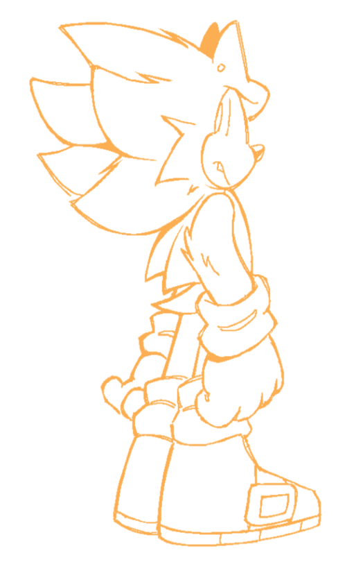 an uncolored fullbody sketch of fleetway super sonic. he's facing partially away from the viewer with one eye visible, glancing back uneasily. his front arm is slightly clenched while the other hangs loosely by his side. he also has a small earring on his visible ear.