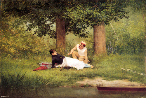 “The flirtation” two paintings by Georges Croegaert, bth from 1885