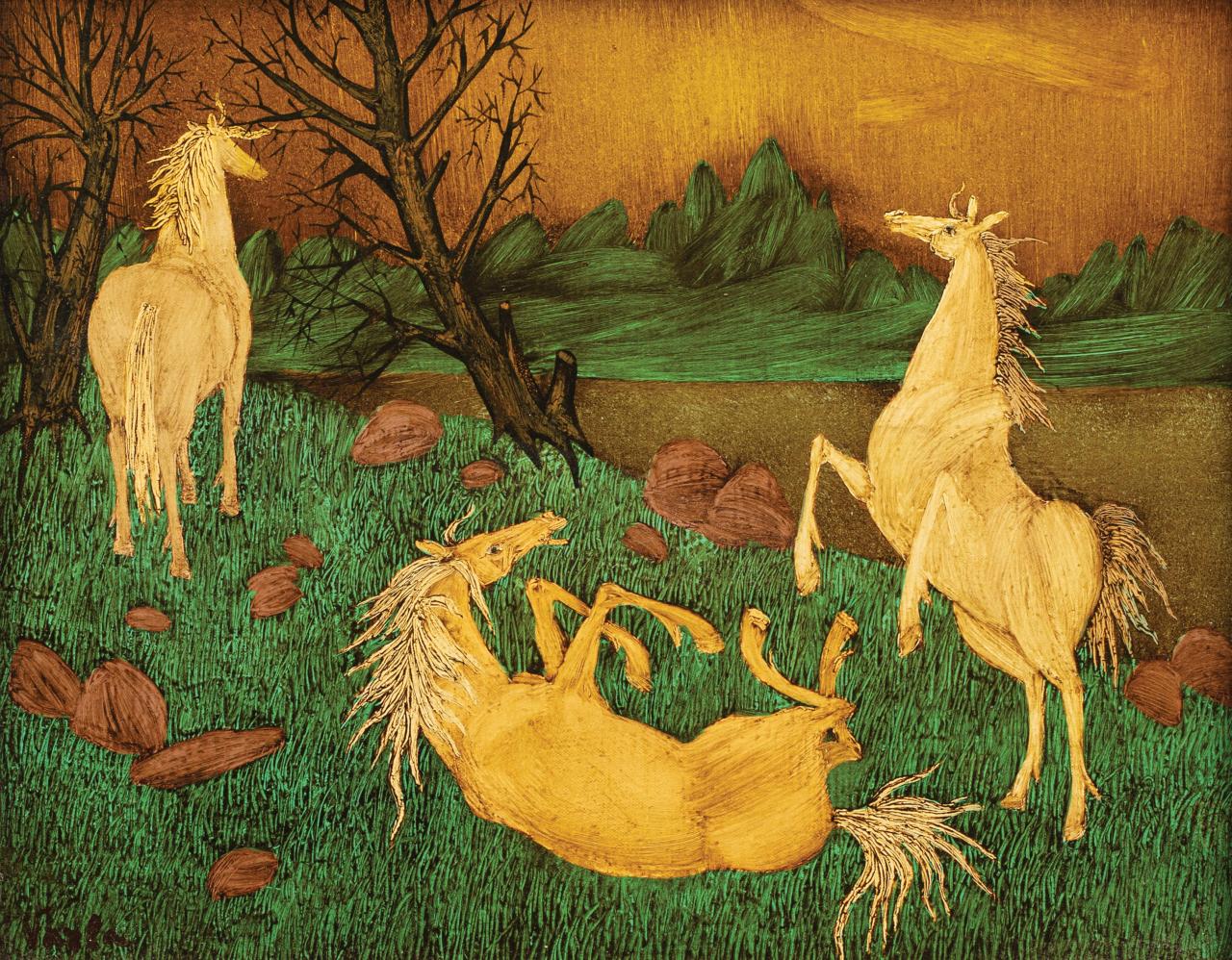 Les trois chevaux dans la prairie (The three horses in the meadow),  Félix Varla (1903 - 1986) 
- Oil on Canvas - 