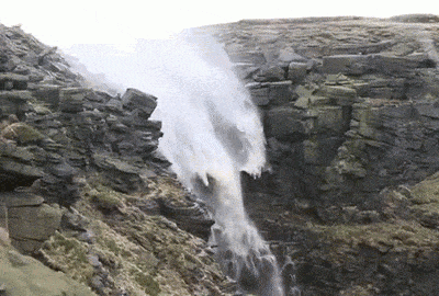 Strong winds make waterfall run backwards The River Kinder is a river only about 3 miles long, in northwestern Derbyshire in England. Normally it cascades 80 ft (24 m) as the Kinder Downfall. But in the strong winds of ex-hurricane Gonzalo, the river