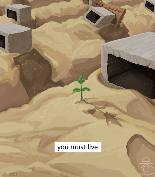 A close-up of the first image, zoomed into one of the besser-blocks. A small watermelon seedling has sprouted from the dirt of the grave. A line of text says: "you must live"