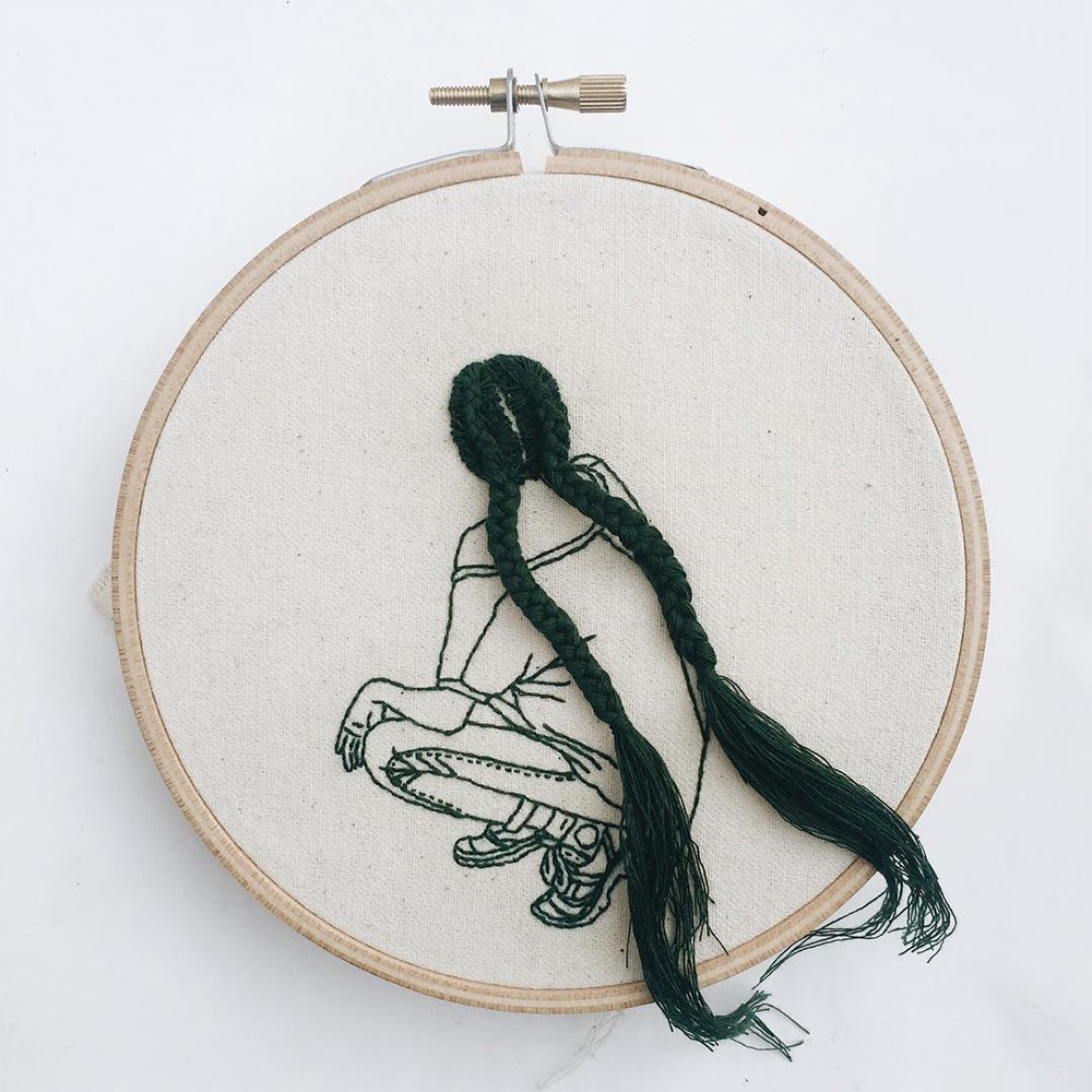 itscolossal:Hand-Sewn Hairstyles That Cascade From Embroidered Hoops by Sheena Liam