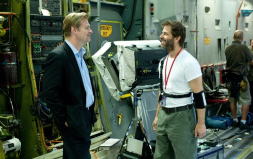 Producer Christopher Nolan and director Zack Snyder on the set of Man of Steel (2013).