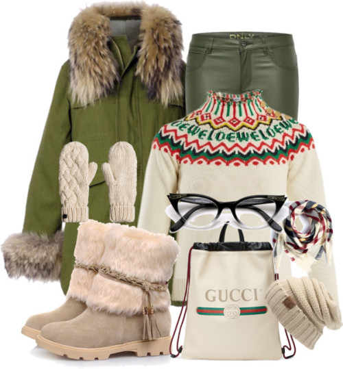 #winter look by nina11-2 featuring a fake fur jacket ❤ liked on PolyvoreLoewe fairisle sweater, 50.0